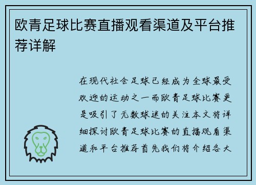 欧青足球比赛直播观看渠道及平台推荐详解